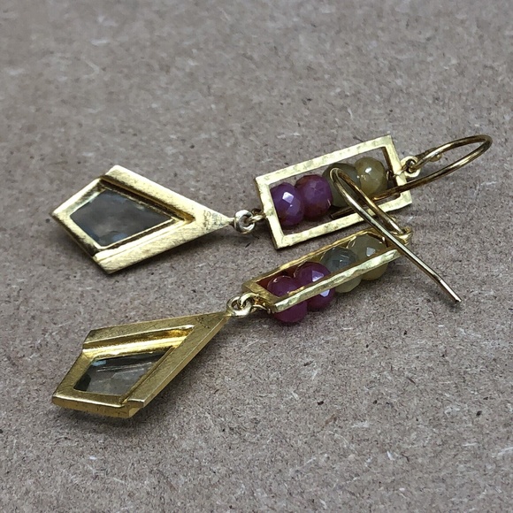 SATYA Sterling Silver Vermeil Gold Tone Agate Dangle Drop Hook Pierced Earrings - Picture 11 of 11